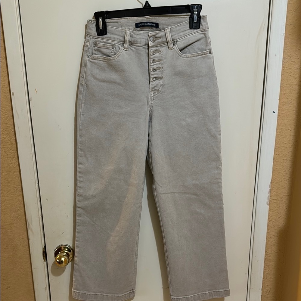 Calvin Klein Mid Rise Wide Leg Crop Button Fly Denim light gray Jeans Size 25!